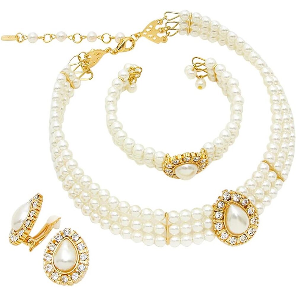 Women's Gold Tone Faux Pearl 3-Piece Choker Necklace Cuff Bracelet Earrings Set